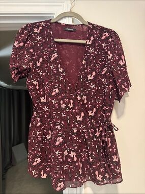 Madewell Burgundy Floral Wrap Blouse with Pink Accents